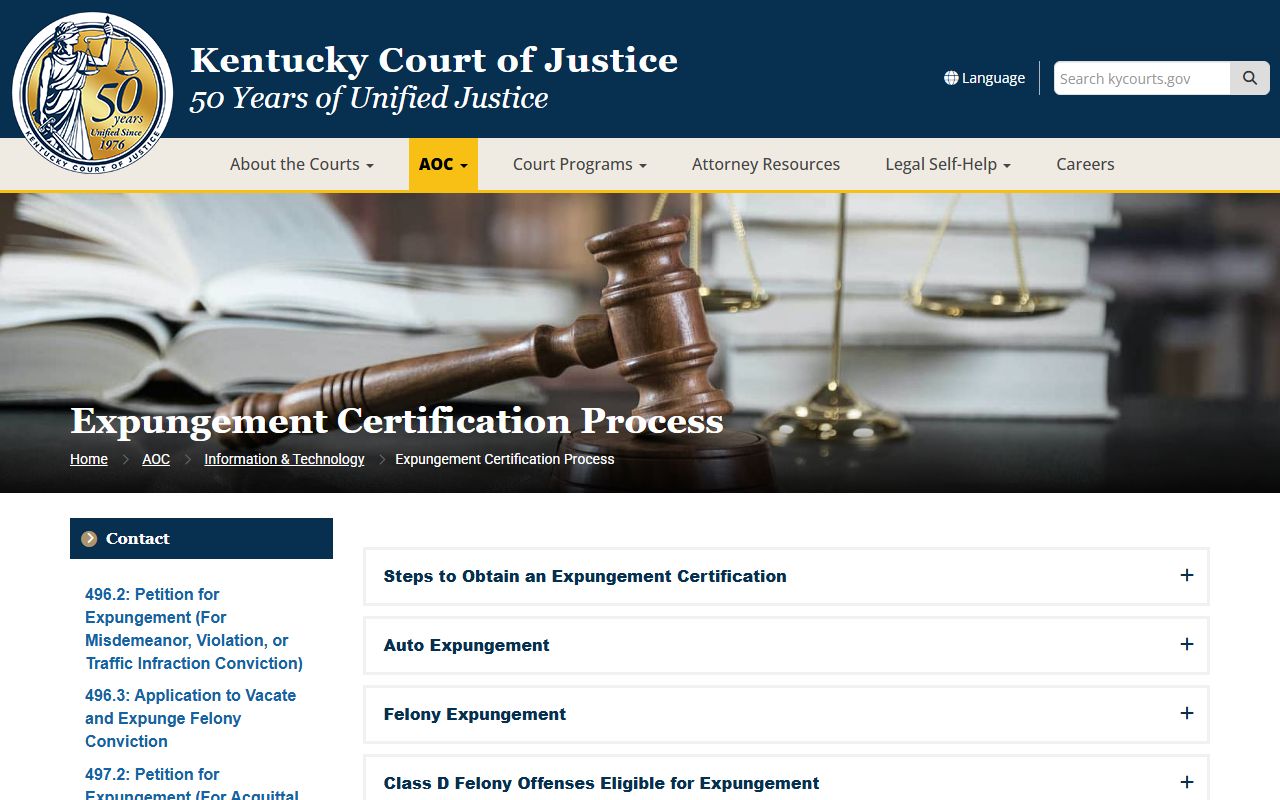 Kentucky expungement information portal for clearing felony records