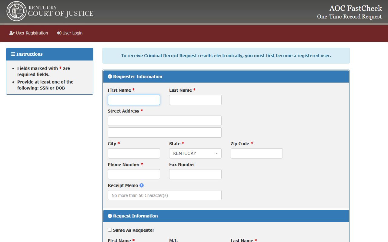 Kentucky FastCheck background check portal for felony records