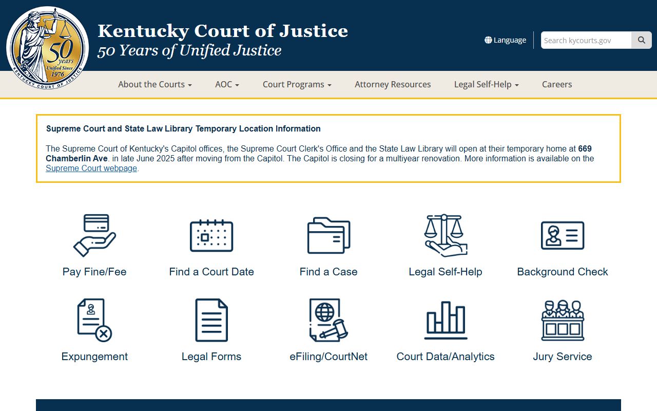 Kentucky Court of Justice main portal for felony record access