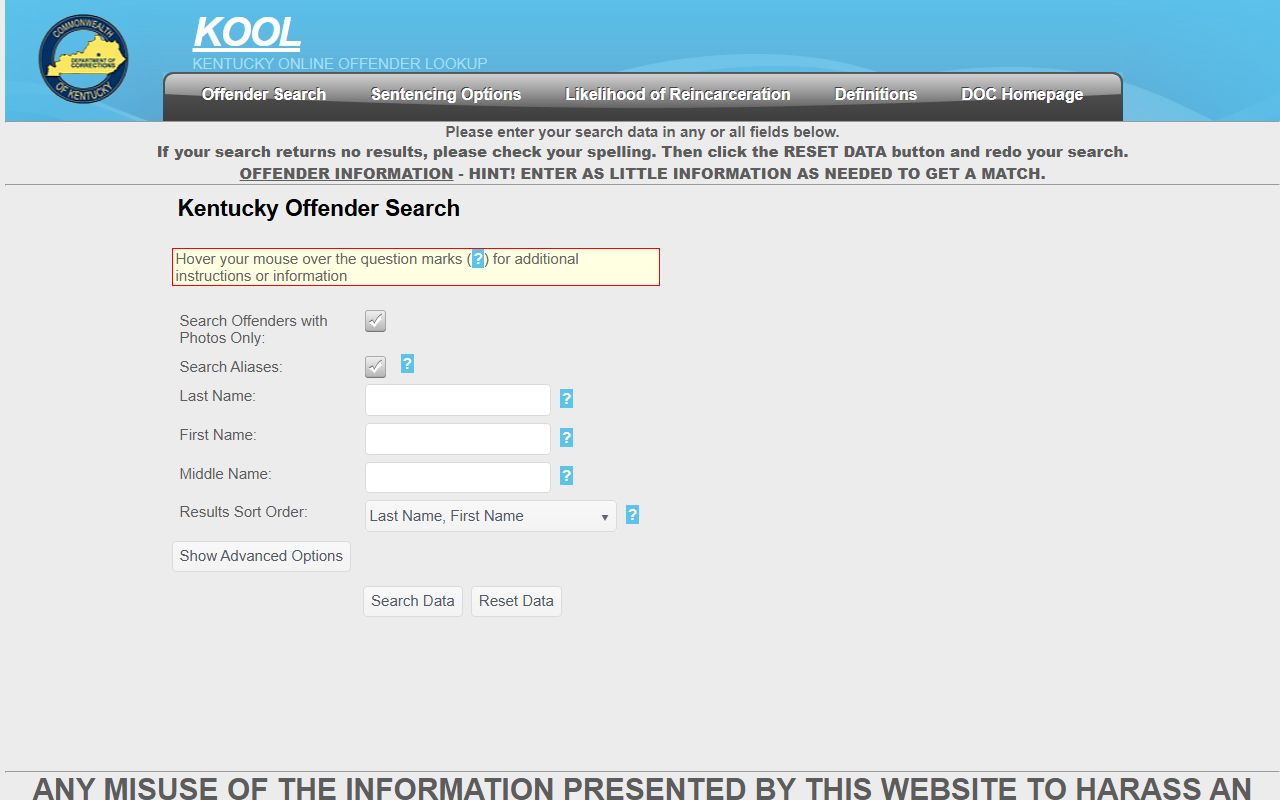 Kentucky Offender Online Lookup KOOL system for inmate searches